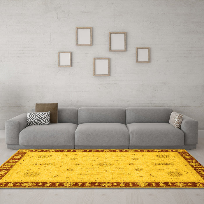 Machine Washable Oriental Yellow Traditional Rug in a Living Room, wshabs3871yw