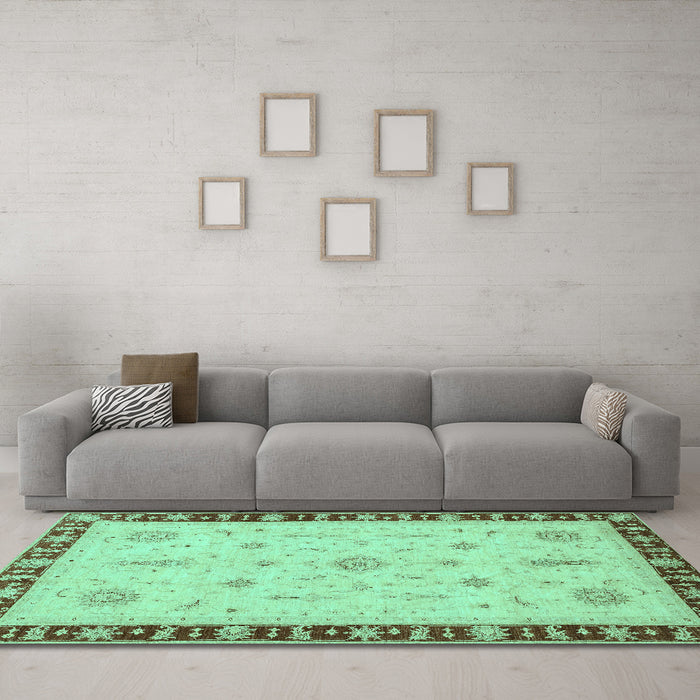 Machine Washable Oriental Turquoise Traditional Area Rugs in a Living Room,, wshabs3871turq