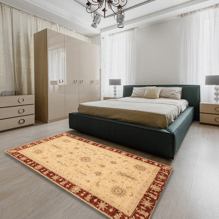 Abstract Chrome Gold Yellow Oriental Rug in a Bedroom, abs3871