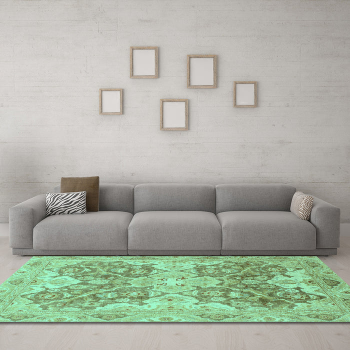 Machine Washable Oriental Turquoise Traditional Area Rugs in a Living Room,, wshabs3873turq
