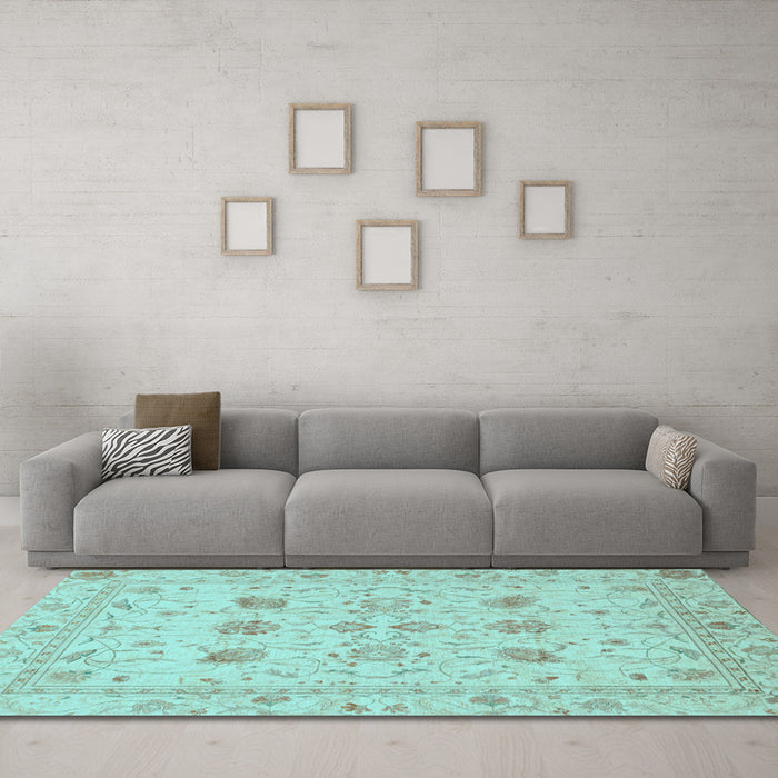 Machine Washable Oriental Light Blue Traditional Rug in a Living Room, wshabs3874lblu