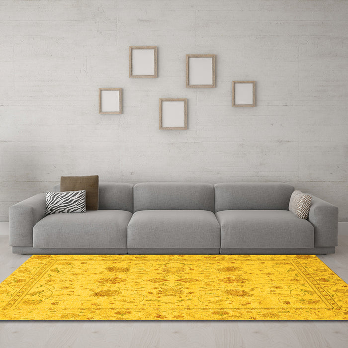 Machine Washable Oriental Yellow Traditional Rug in a Living Room, wshabs3874yw