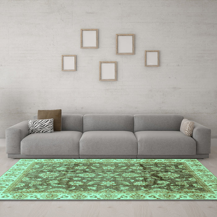 Machine Washable Oriental Turquoise Traditional Area Rugs in a Living Room,, wshabs3877turq