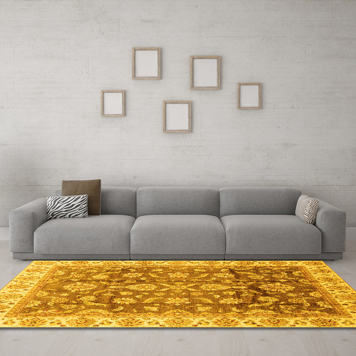 Machine Washable Oriental Yellow Traditional Rug in a Living Room, wshabs3877yw