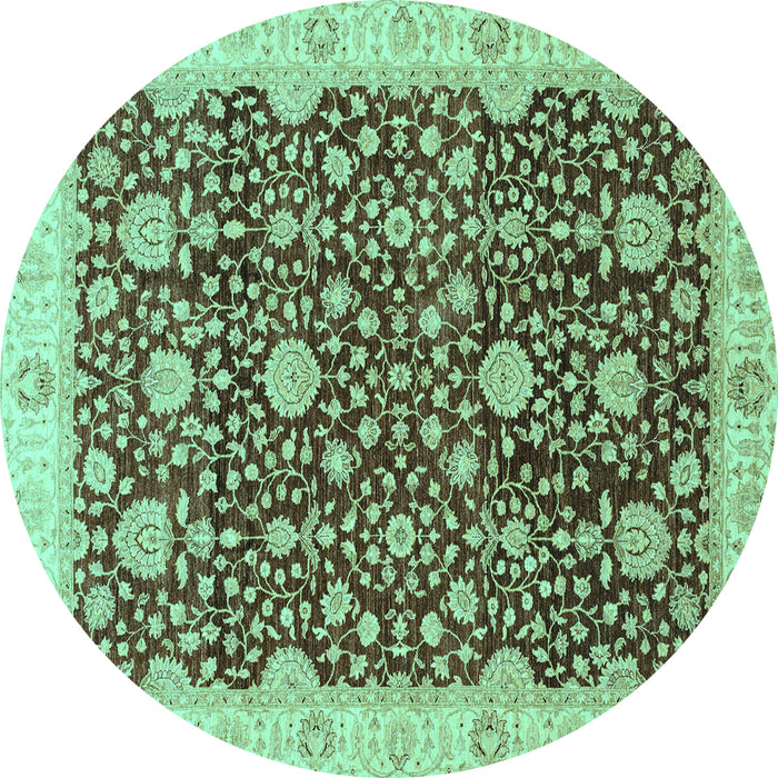 Round Machine Washable Oriental Turquoise Traditional Area Rugs, wshabs3881turq
