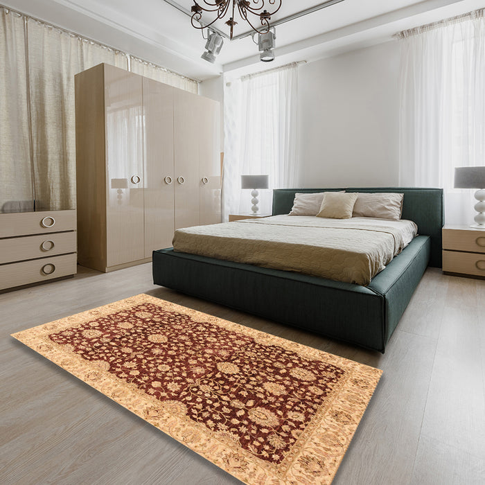 Abstract Yellow Orange Oriental Rug in a Bedroom, abs3881
