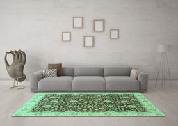 Machine Washable Oriental Turquoise Traditional Area Rugs in a Living Room,, wshabs3881turq
