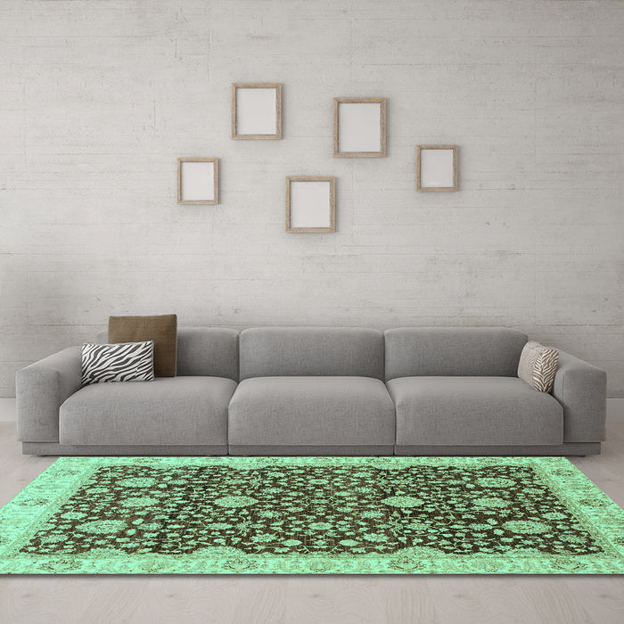 Machine Washable Oriental Turquoise Traditional Area Rugs in a Living Room,, wshabs3881turq