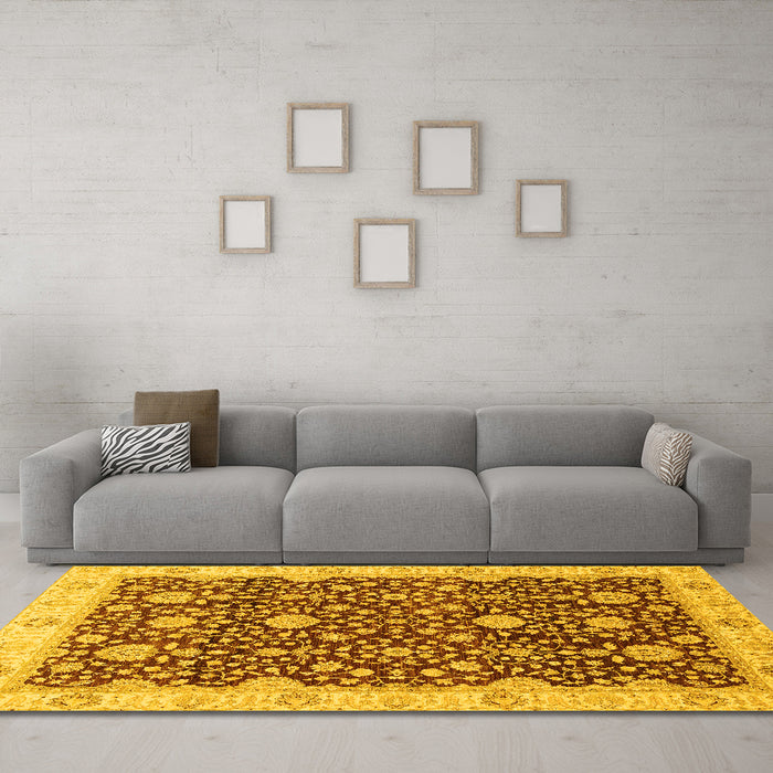 Machine Washable Oriental Yellow Traditional Rug in a Living Room, wshabs3881yw