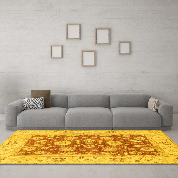 Machine Washable Oriental Yellow Traditional Rug in a Living Room, wshabs3882yw