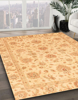 Abstract Chrome Gold Yellow Oriental Rug in Family Room, abs3883