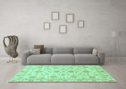 Machine Washable Oriental Turquoise Traditional Area Rugs in a Living Room,, wshabs3883turq