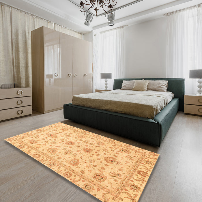 Abstract Chrome Gold Yellow Oriental Rug in a Bedroom, abs3883