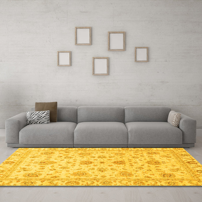 Machine Washable Oriental Yellow Traditional Rug in a Living Room, wshabs3883yw