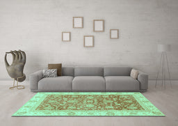 Machine Washable Oriental Turquoise Traditional Area Rugs in a Living Room,, wshabs3884turq