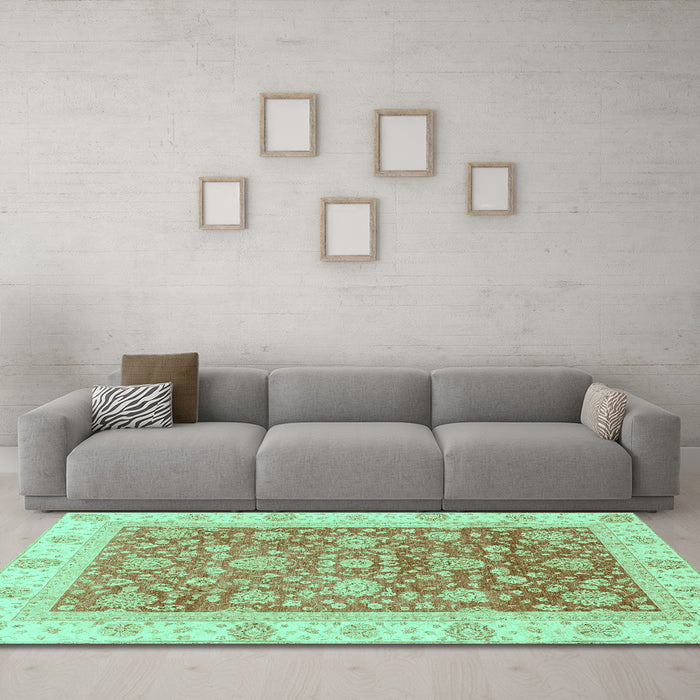 Machine Washable Oriental Turquoise Traditional Area Rugs in a Living Room,, wshabs3884turq