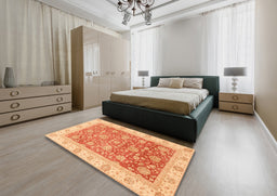 Abstract Orange Red Oriental Rug in a Bedroom, abs3884