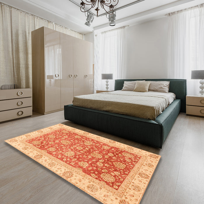 Abstract Orange Red Oriental Rug in a Bedroom, abs3884
