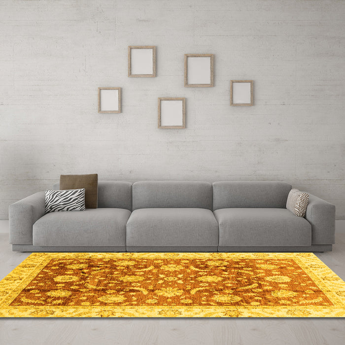 Machine Washable Oriental Yellow Traditional Rug in a Living Room, wshabs3885yw