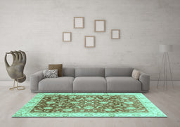 Machine Washable Oriental Turquoise Traditional Area Rugs in a Living Room,, wshabs3885turq
