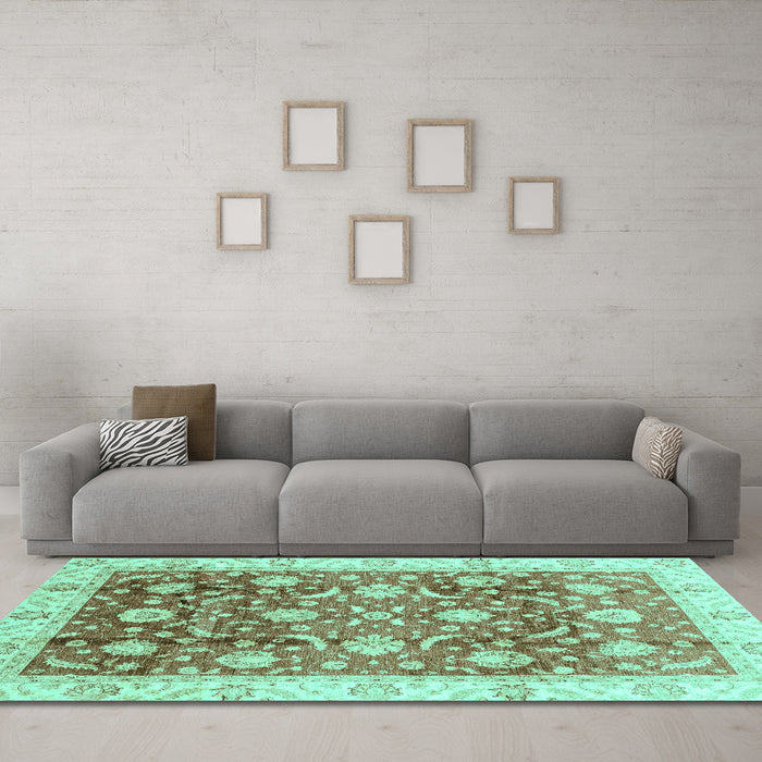 Machine Washable Oriental Turquoise Traditional Area Rugs in a Living Room,, wshabs3885turq