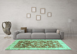 Machine Washable Oriental Turquoise Traditional Area Rugs in a Living Room,, wshabs3886turq