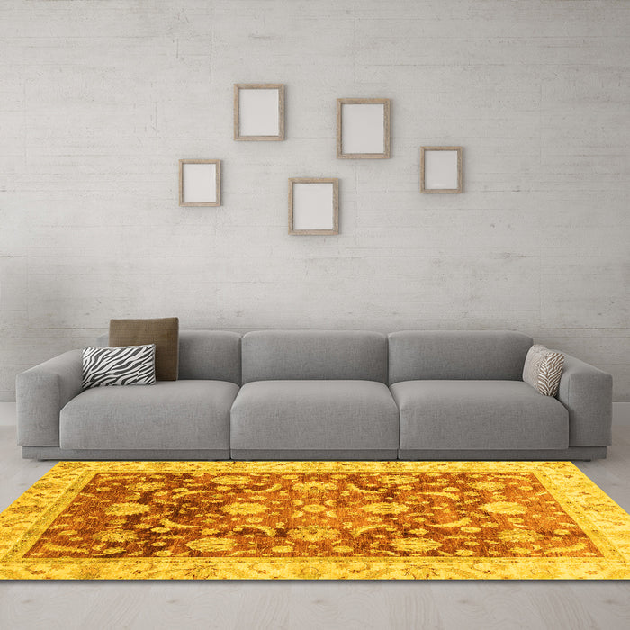 Machine Washable Oriental Yellow Traditional Rug in a Living Room, wshabs3886yw