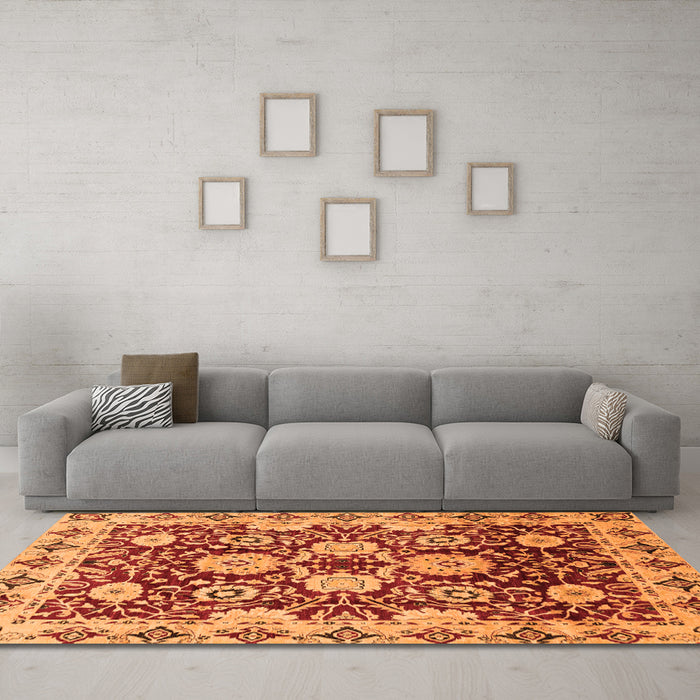 Machine Washable Abstract Orange Modern Area Rugs in a Living Room, wshabs3890org