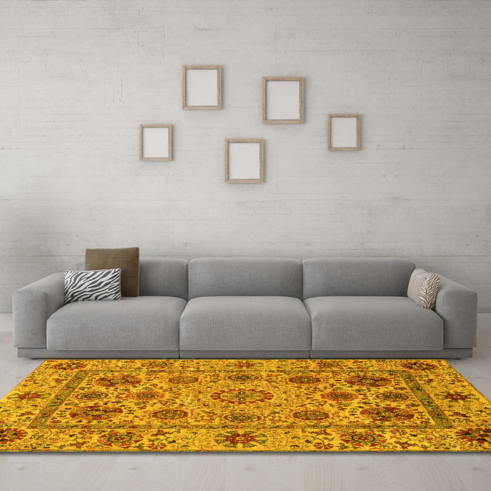 Machine Washable Abstract Yellow Modern Rug in a Living Room, wshabs3895yw