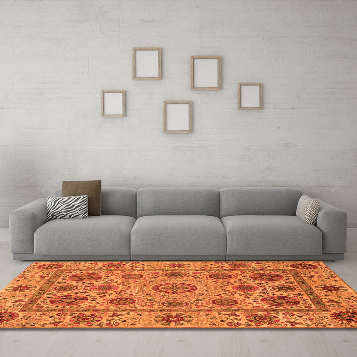Machine Washable Abstract Orange Modern Area Rugs in a Living Room, wshabs3895org