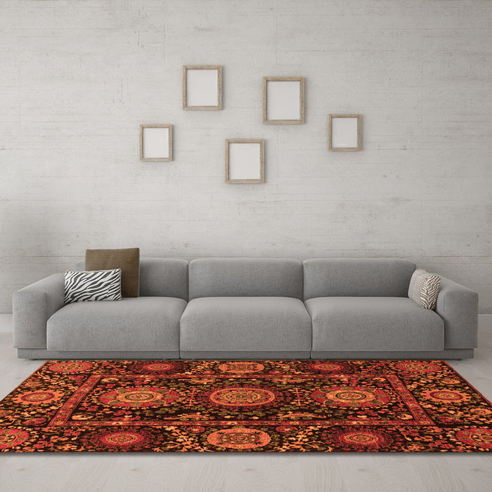 Machine Washable Abstract Orange Modern Area Rugs in a Living Room, wshabs3896org