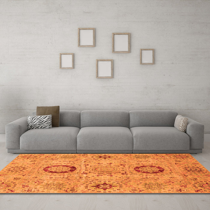 Machine Washable Abstract Orange Modern Area Rugs in a Living Room, wshabs3898org