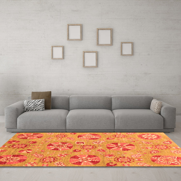 Machine Washable Abstract Orange Modern Area Rugs in a Living Room, wshabs3899org