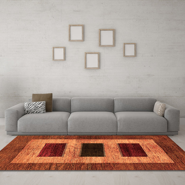 Machine Washable Abstract Orange Modern Area Rugs in a Living Room, wshabs389org