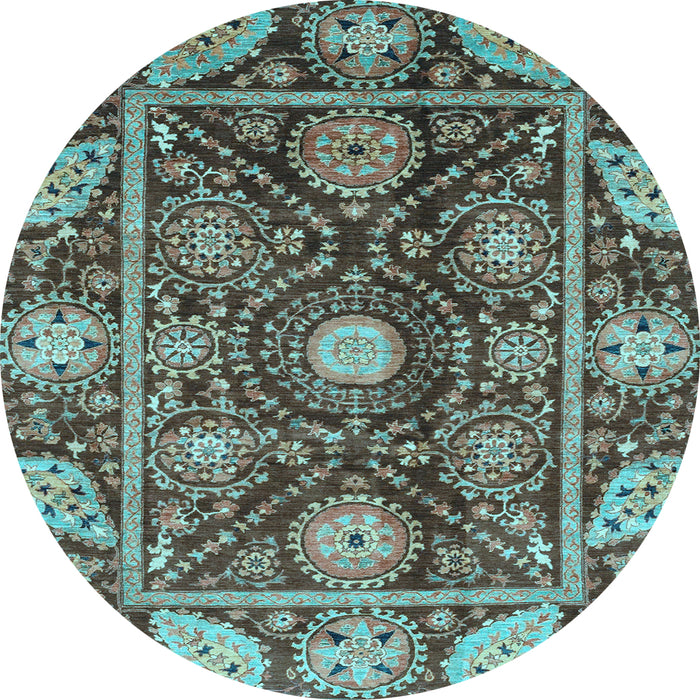 Round Machine Washable Oriental Light Blue Traditional Rug, wshabs3902lblu