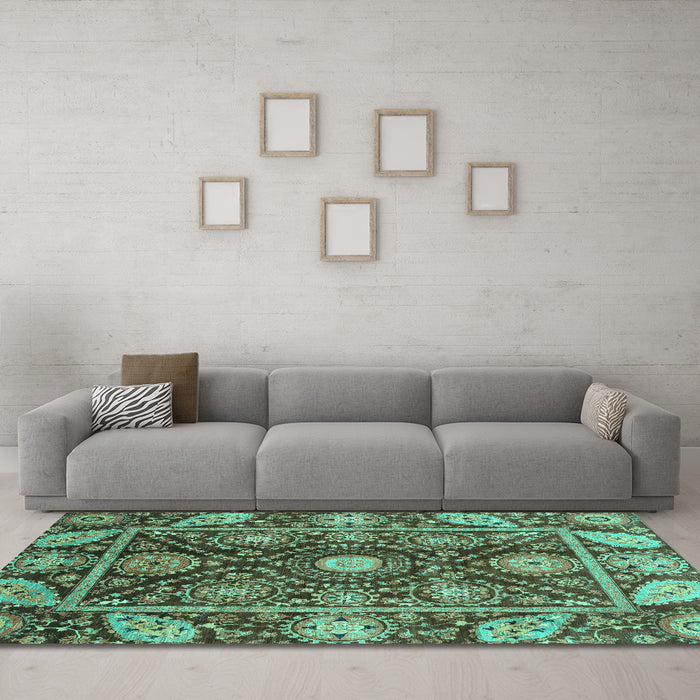 Machine Washable Oriental Turquoise Traditional Area Rugs in a Living Room,, wshabs3902turq