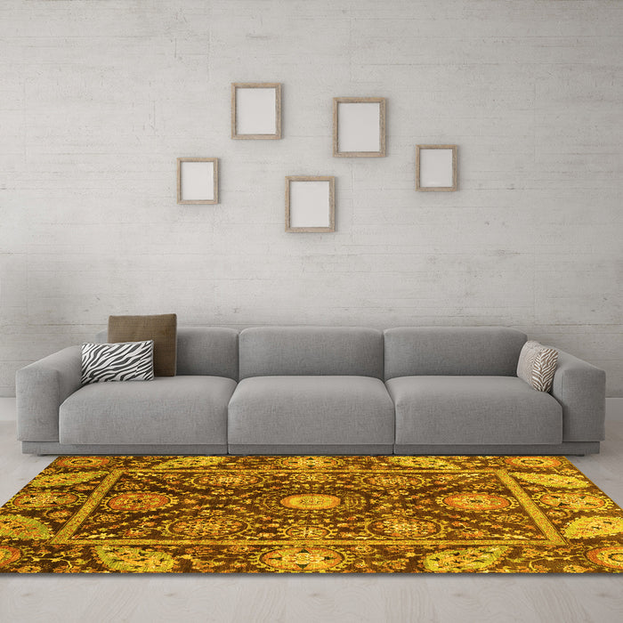 Machine Washable Oriental Yellow Traditional Rug in a Living Room, wshabs3902yw