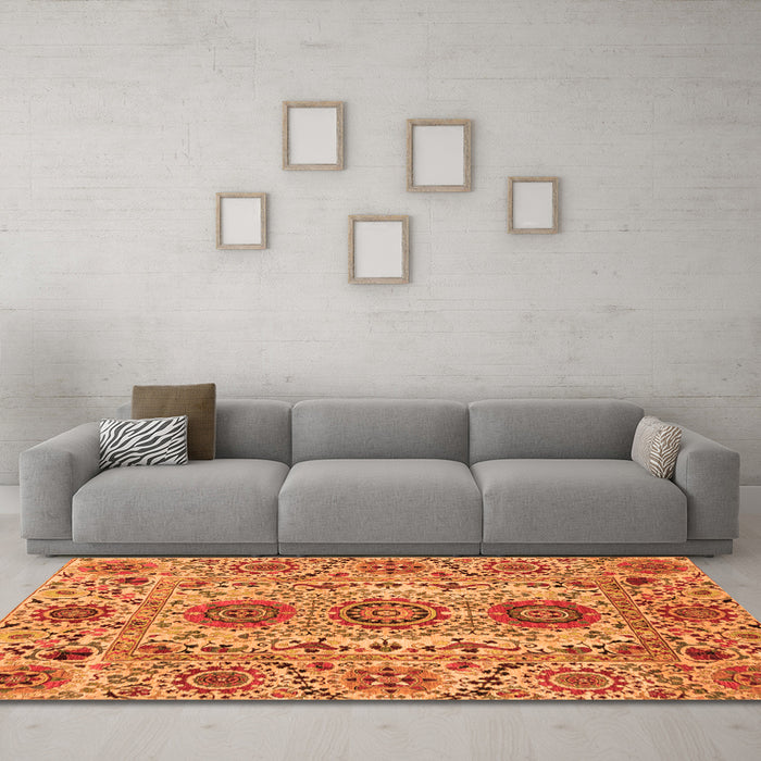 Machine Washable Abstract Orange Modern Area Rugs in a Living Room, wshabs3905org