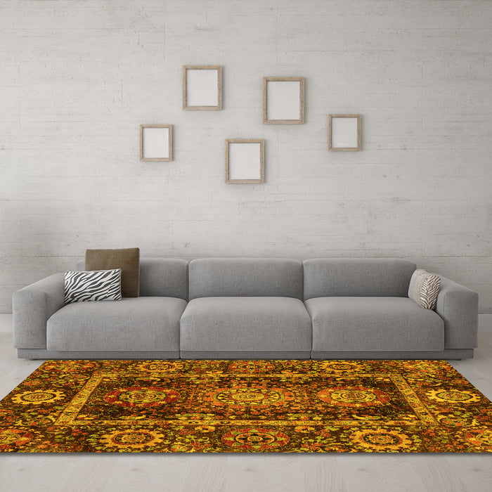 Machine Washable Oriental Yellow Traditional Rug in a Living Room, wshabs3906yw