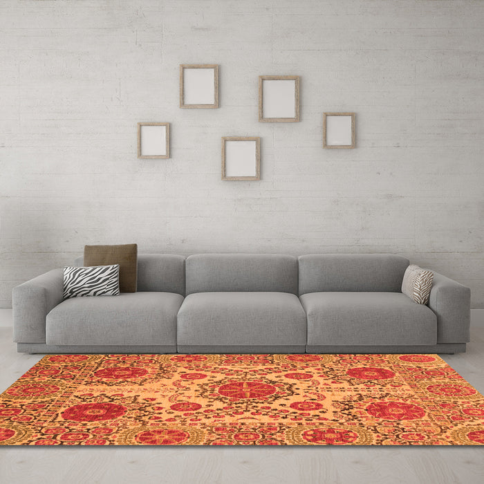 Machine Washable Abstract Orange Modern Area Rugs in a Living Room, wshabs3907org