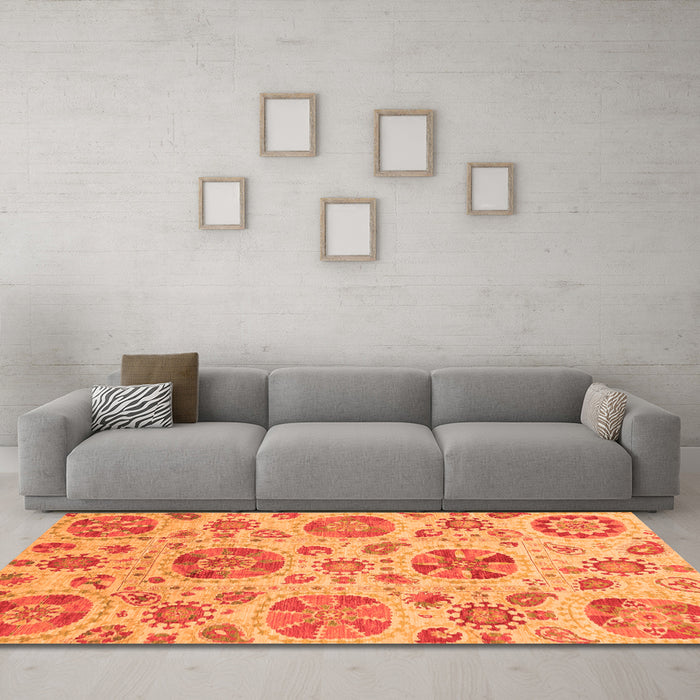 Machine Washable Abstract Orange Modern Area Rugs in a Living Room, wshabs3908org