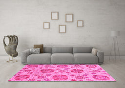 Machine Washable Abstract Pink Modern Rug in a Living Room, wshabs3908pnk