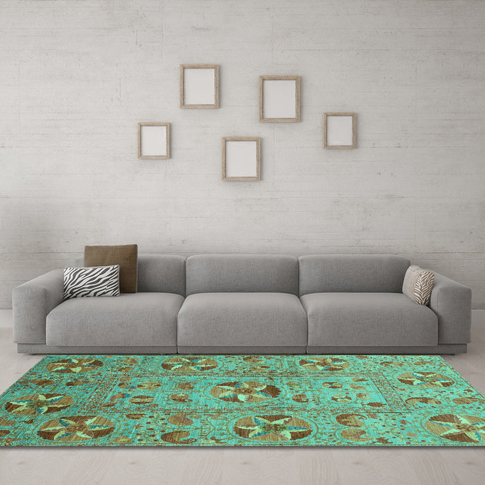 Machine Washable Abstract Turquoise Modern Area Rugs in a Living Room,, wshabs3909turq