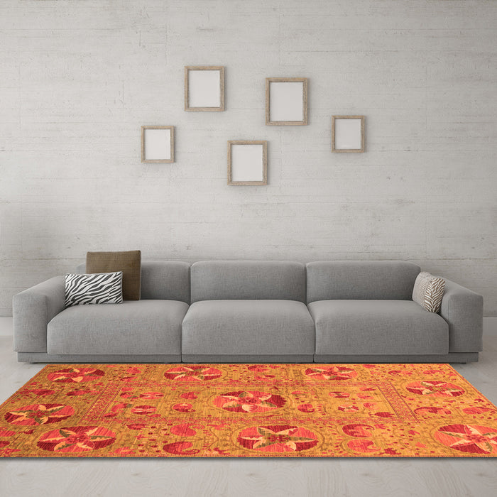 Machine Washable Abstract Orange Modern Area Rugs in a Living Room, wshabs3909org