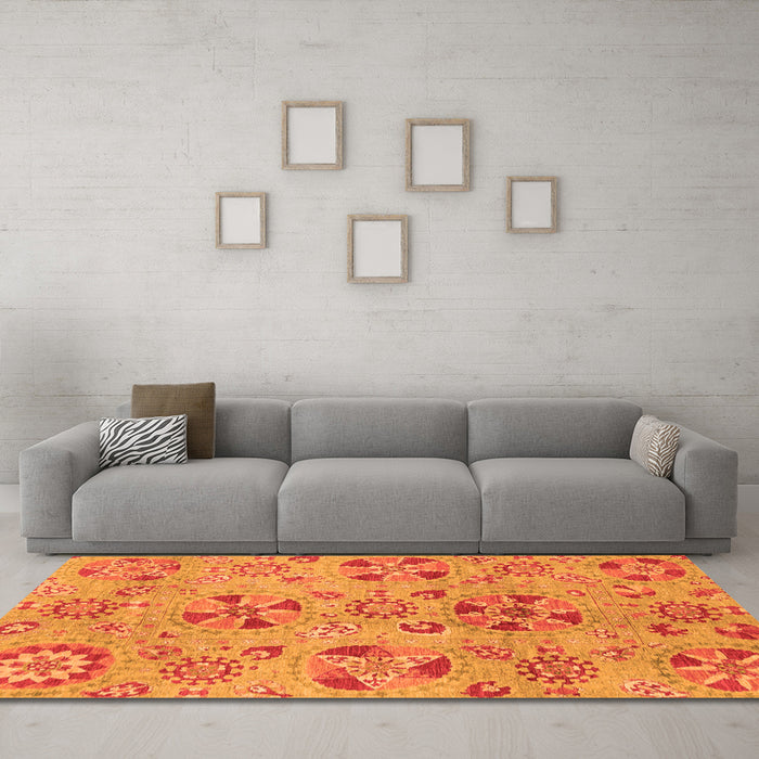 Machine Washable Abstract Orange Modern Area Rugs in a Living Room, wshabs3910org