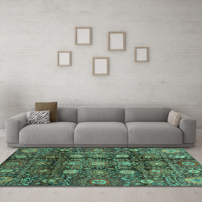 Machine Washable Oriental Turquoise Traditional Area Rugs in a Living Room,, wshabs3912turq