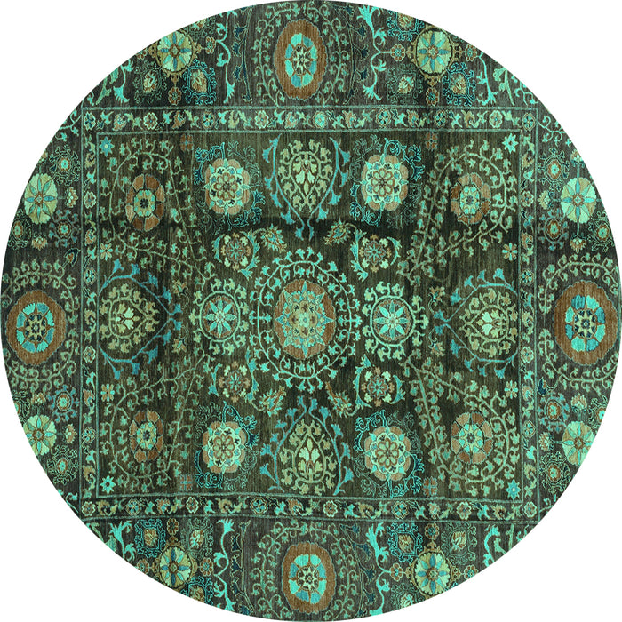 Round Machine Washable Oriental Turquoise Traditional Area Rugs, wshabs3912turq
