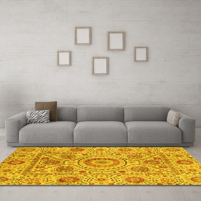 Machine Washable Abstract Yellow Modern Rug in a Living Room, wshabs3913yw