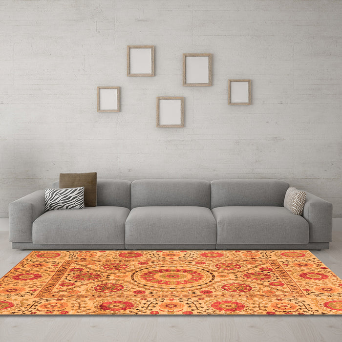 Machine Washable Abstract Orange Modern Area Rugs in a Living Room, wshabs3913org