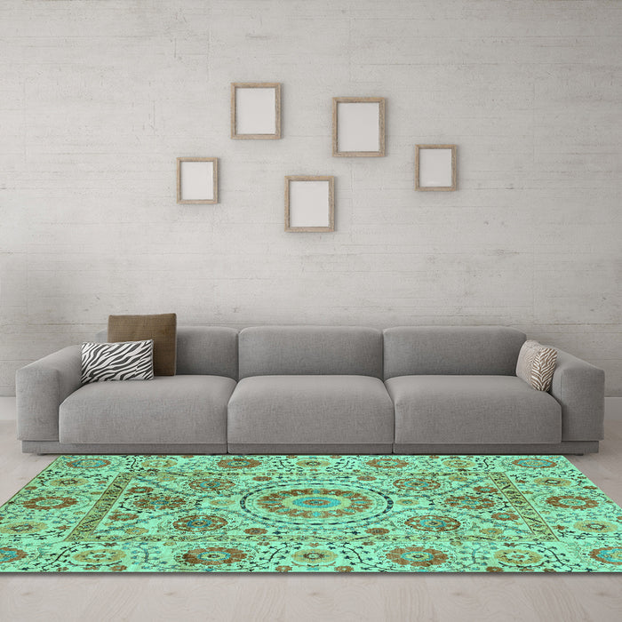 Machine Washable Abstract Turquoise Modern Area Rugs in a Living Room,, wshabs3913turq